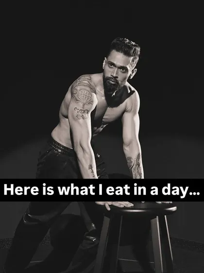 A photo of me with the text "Here is what I eat in a day..." followed by a breakdown of why that's irrelevant for others. My coaching is customized, not copied.