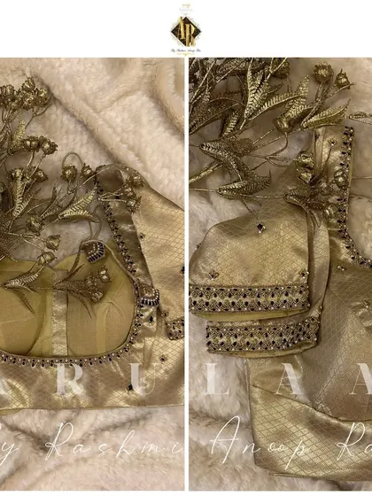 A beautiful gold brocade blouse with 3D floral elements on the shoulder. This is a modern and unique design for a client who wanted something different.