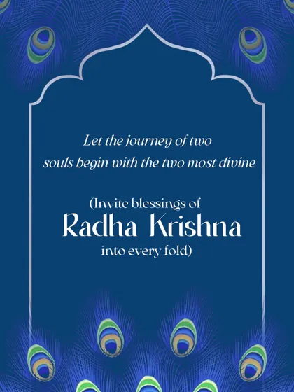 This design element from the Golden Dunes collection invites the blessings of Radha and Krishna into the celebration. The peacock feather border and divine invocation add a sacred touch to the wedding suite.