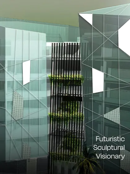 A conceptual render highlighting the futuristic and sculptural quality of the architectural vision. The geometric forms and integrated greenery come together to create a visionary design statement.