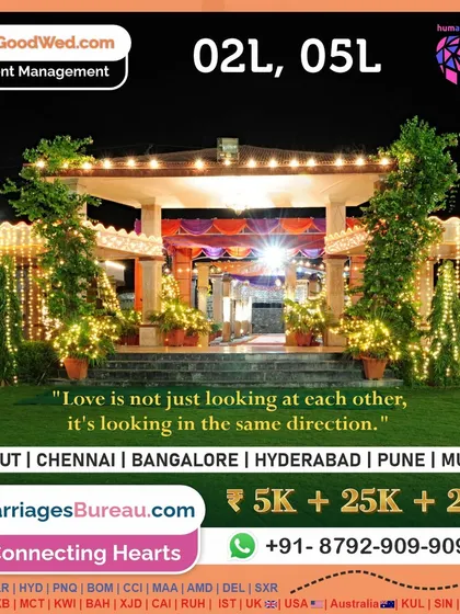 An illuminated entrance to a wedding venue at night. This image captures the festive and celebratory atmosphere of a wedding, where two people begin their journey looking in the same direction.
