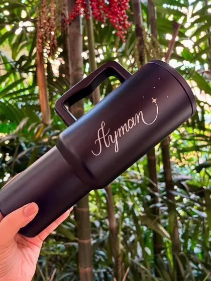 This sleek black tumbler with personalized calligraphy engraving makes for such a cool birthday gift. I’m obsessed with how the silver underneath pops against the black matte finish.
