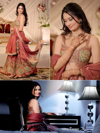 A collage of the bride's portraits from her Roka ceremony, showing her elegant poses and the details of her outfit.