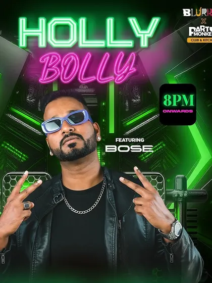 "Holly Bolly" night at Blurred Club & Kitchen. A fun, green-themed poster for a night of Hollywood and Bollywood hits.
