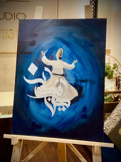 My Sufi-inspired work is very personal. This acrylic painting shows a whirling dervish in a state of spiritual dance, with the powerful words 'Kun Fayakun' ('Be, and it is') integrated into the motion. It captures a moment of pure surrender and creation.