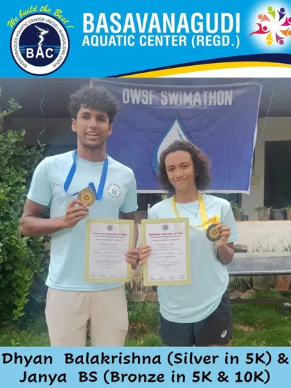 Dhyan Balakrishna and Janya B.S. with their medals from the SFI National Open Water Swimming Championships.