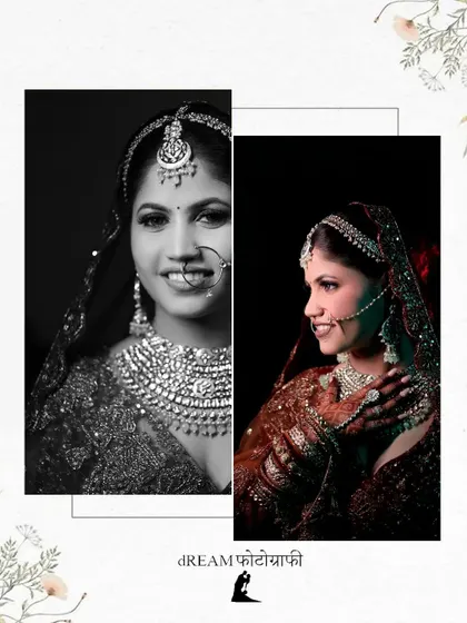 A diptych of a bride's portraits, blending a color shot with a black and white one for a classic look.
