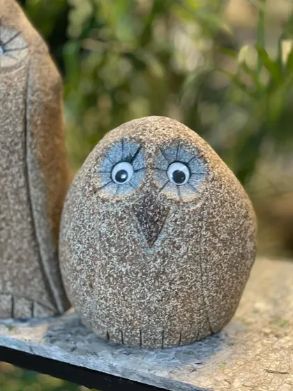 Meet our 'Goobey' (ಗೂಬೆ), an eccentric owl carved from natural rock. These quirky pieces are perfect for a bookshelf, garden nook, or as a unique door stopper.