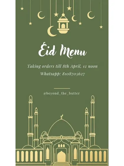 An announcement for my special Eid menu, with details on the order deadline. The design features festive Islamic architecture and celestial motifs.