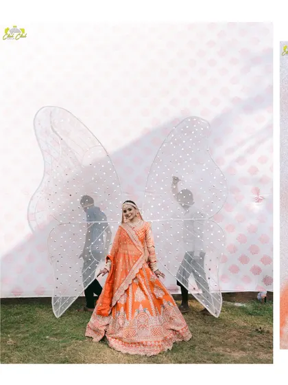 A fun and creative bridal portrait. The addition of butterfly wings adds a touch of whimsy and magic, perfectly capturing the bride's playful spirit.