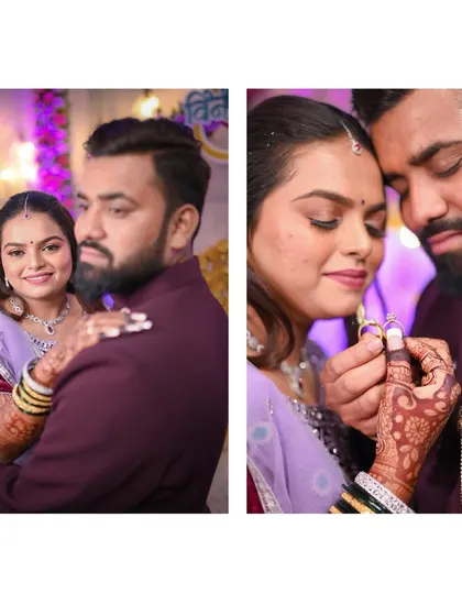 A two-photo layout showing a portrait of the couple and a close-up of the ring exchange. This format tells a story, combining a loving embrace with the detail of the main event.
