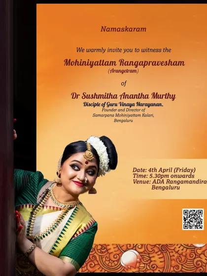The invitation for our Kalari's maiden Mohiniyattam Arangetram, a significant milestone for our institution.