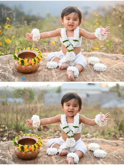 This collage shows the power of editing. The top image is the edited version, while the bottom shows the original shot. I can enhance colors and backgrounds to create a perfect final portrait.