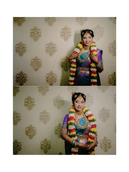 A diptych of the bride with her colorful garland, capturing her joyful and playful personality.