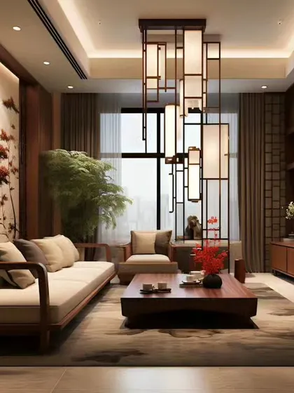 A living room design inspired by modern Asian aesthetics, featuring clean lines, low-profile wooden furniture, and a striking geometric chandelier. The space is calm, balanced, and filled with natural elements.