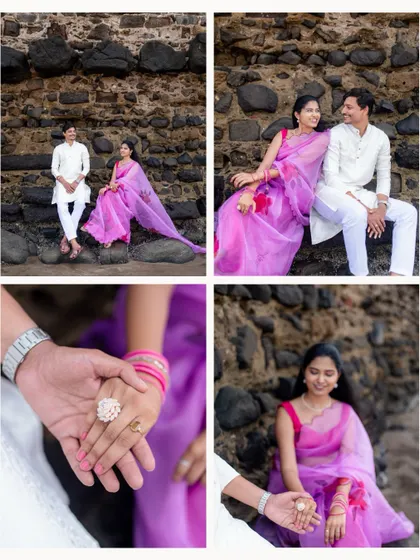 A collage from a pre-wedding shoot showing a mix of couple portraits and a close-up of the engagement ring.