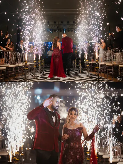 A grand entrance through a corridor of cold pyrotechnics. This is how you kick off a Sangeet night with sparkle and drama.