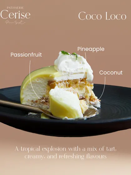I love showing what’s inside my cakes. The Coco Loco is a tropical escape, and here you can see how the tart passionfruit, sweet pineapple, and creamy coconut come together. Each element is chosen to create a perfect, refreshing balance.