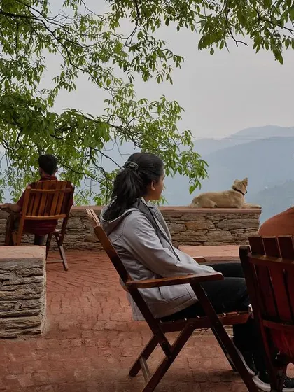 Visitors enjoying the serene valley view from the Sargakhet Handicraft Centre in Uttarakhand. This adaptive reuse project revived a British-era structure, turning it into a space that supports local artisans and offers a moment of quiet reflection for travelers.
