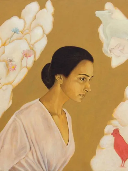 A close-up of a deeply reflective artwork by C.F. John. His paintings often explore themes of spirituality and human connection to nature, characterized by a soft palette and surreal compositions.