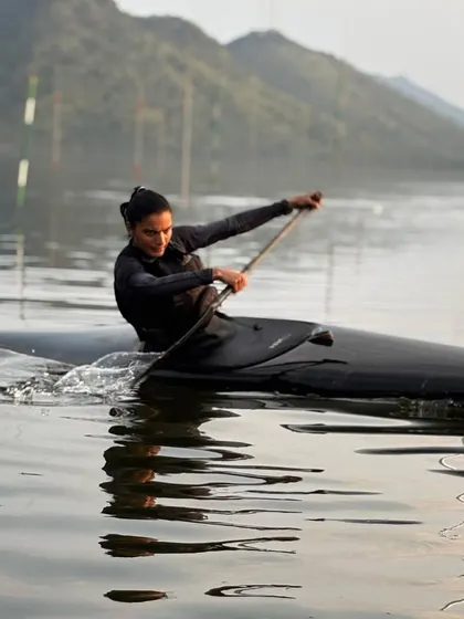 Precision, power, and focus are at the heart of competitive kayaking. Here, one of our national-level athletes trains on the calm waters of Vani Vilas Sagar, honing her skills for the next championship.