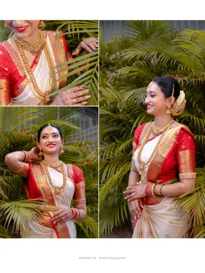A collage of a beautiful South Indian bride, showcasing her portraits and the details of her traditional red and white saree.