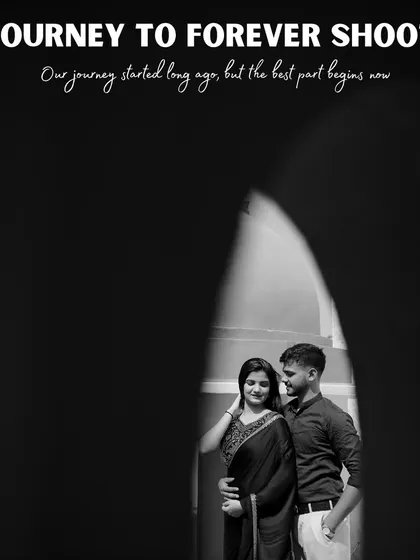 A moody, framed black and white shot that creates a sense of intimacy and privacy. The caption "Our journey started long ago, but the best part begins now" adds to the narrative.