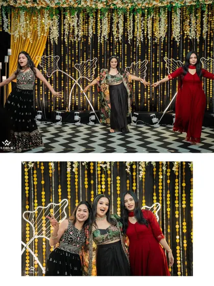 A collage of the bride and her friends performing a choreographed dance at the Sangeet, capturing the energy and fun of the night.