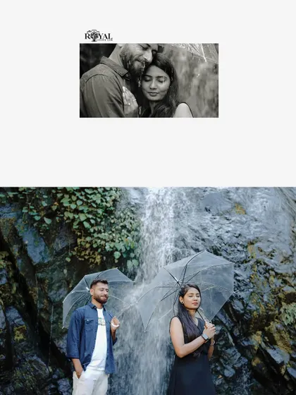 A collage featuring a couple with clear umbrellas in front of a waterfall, creating a romantic, rainy-day feel.