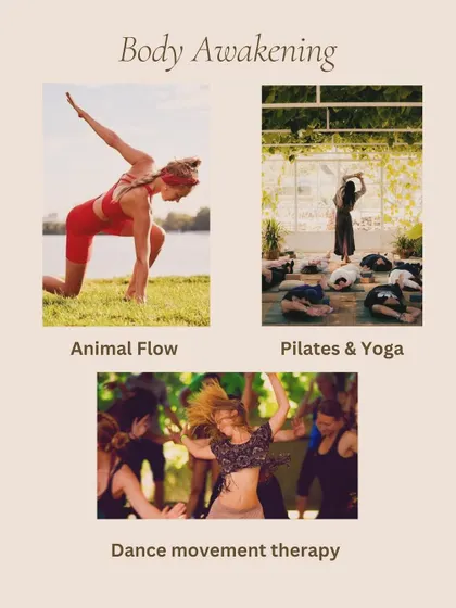 We also offer wellness retreats that go beyond the studio. This graphic shows the variety of activities we include, such as Animal Flow, dance movement therapy, and sound healing, to create a complete mind-body-soul experience.