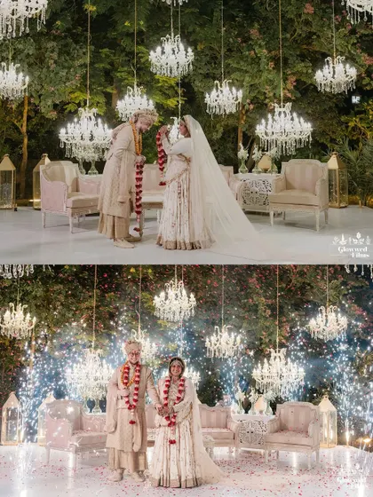 The beautiful night ceremony of Ishaana and Gruffald in Jaipur, with the varmala exchange taking place under a canopy of elegant chandeliers.