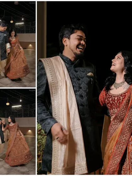 A collage from an engagement night, showing the couple walking, laughing, and sharing a moment. It captures the fun and romance of their pre-wedding celebration.