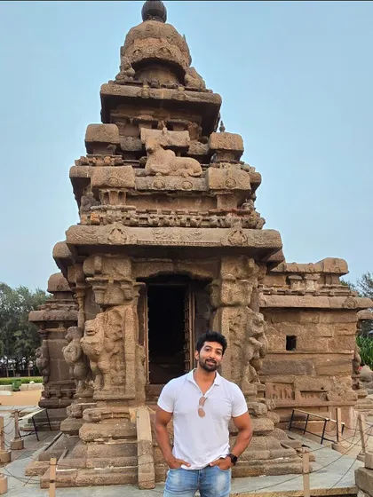 The Shore Temple, one of the oldest structural stone temples in South India, standing against the backdrop of the Bay of Bengal.