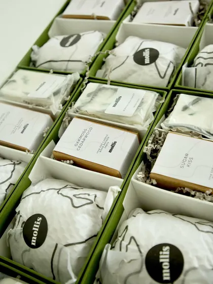 The contents of the Rakhi gift box, featuring a 3-wick candle, a 100g candle, and a choice of a wax tablet or soap.