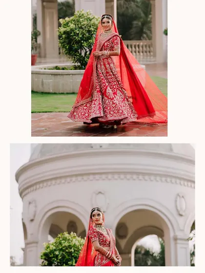 A collage of a bride in a red lehenga with a long trail, posing in front of a grand, white architectural dome, creating a regal and timeless image.