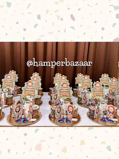 A full view of the 'Simba' baby announcement hampers, all lined up and ready to celebrate baby Rohin.