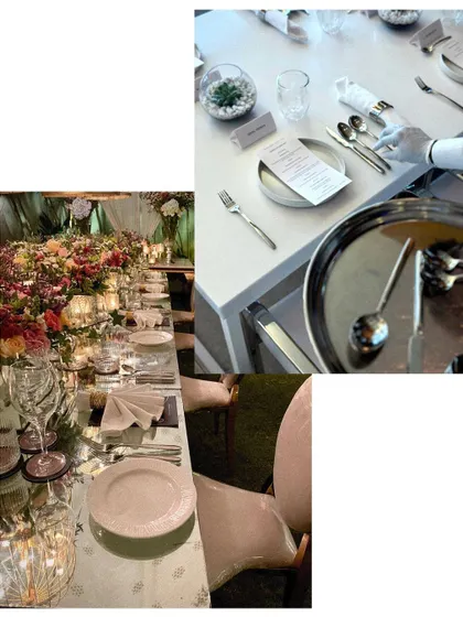 A collage showcasing different tablescapes and setup details, from floral arrangements to place settings.