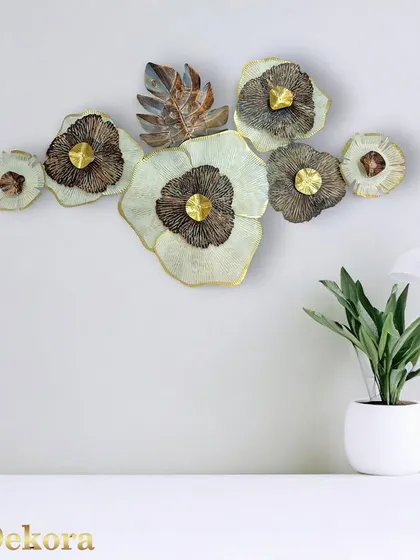 The subtle metallic sheen and textured details of this flower wall art are clearly visible in this well-lit shot.