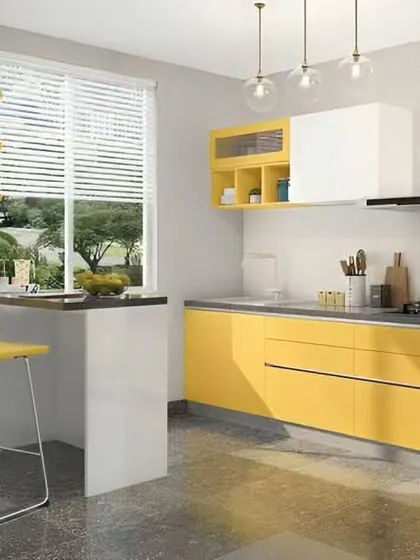 A cheerful and bright kitchen with a small breakfast bar. The sunny yellow cabinets and open shelving create a welcoming and energetic atmosphere.