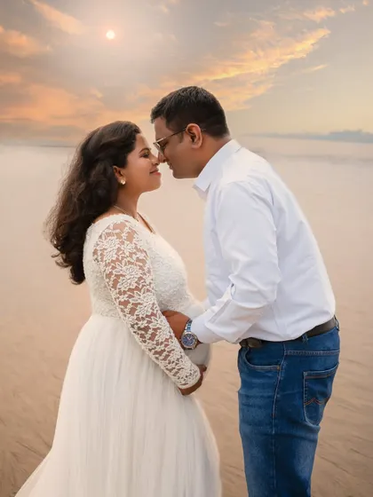 An intimate nose-to-nose pose against the golden sky. This simple action creates a powerful feeling of love and connection in a photograph.