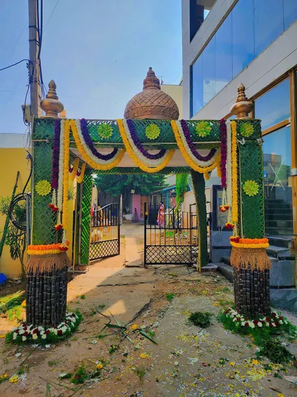A beautiful chappara we created for a housewarming ceremony. The design includes a traditional 'gopuram' on top and pillars decorated with sugarcane.