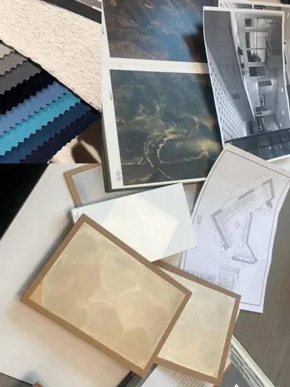 A curated gallery of materials I work with, including wood veneers, fabric swatches, tile arrangements, and different types of glass. These images highlight my focus on texture, quality, and the small details that make a big impact.