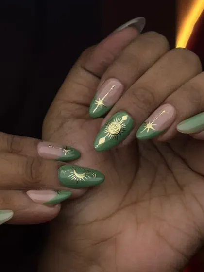 Another view of the celestial green set, showing how the gold details shimmer against the matte and glossy finishes.