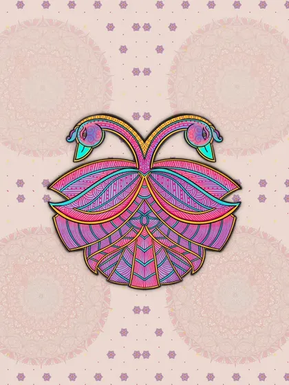 The Madhubani-style peacock motif placed against a subtle, patterned background with faint mandalas.