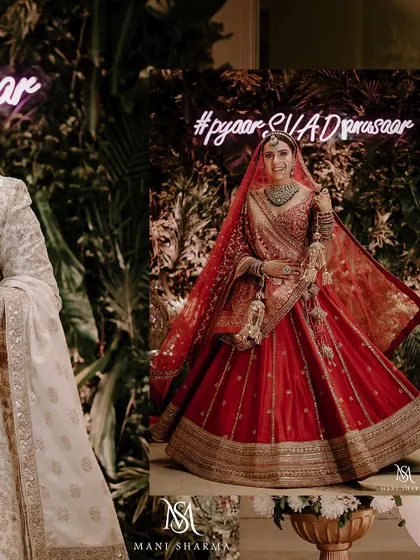 A collage from Ankit and Shreya's wedding, featuring a beautiful bridal portrait and the neon wedding hashtag.