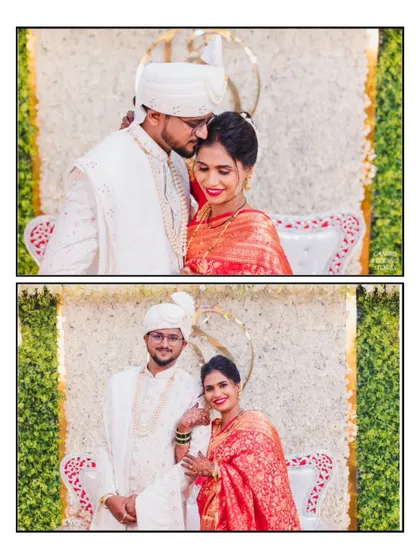 Posed and candid portraits of the couple against a beautiful floral backdrop, capturing their happiness as newlyweds.