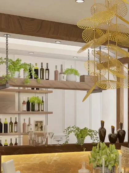 A chic and modern dining space featuring a stylish bar setup, hanging planters, and a unique golden chandelier, perfect for intimate gatherings.