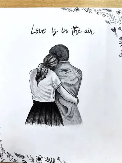 A full view of the "Love is in the air" couple sketch. This piece is drawn with graphite pencils to create soft shading and texture, capturing a tender moment.