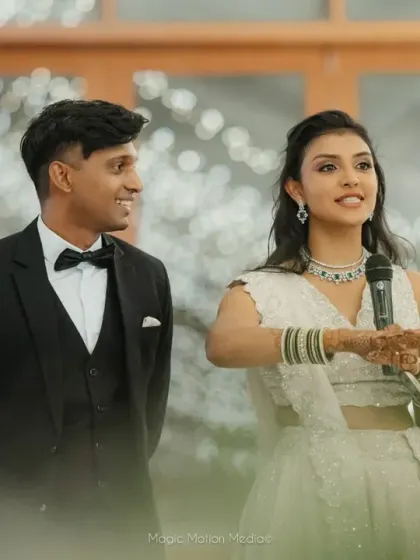 The couple's first dance and speeches are key moments. We designed a personalized stage with a vintage backdrop for Hema and Karthik's cocktail night, ensuring these memories were beautifully framed.