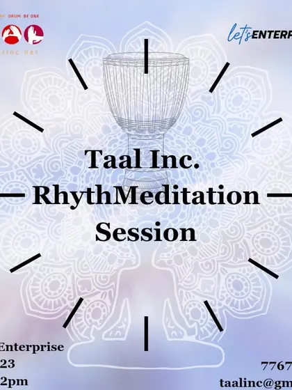 An announcement for our RhythmMeditation session. The drum has long been called the 'Shaman's Horse' for its ability to deepen meditative practices. In this workshop, we use it to access a state of flow.
